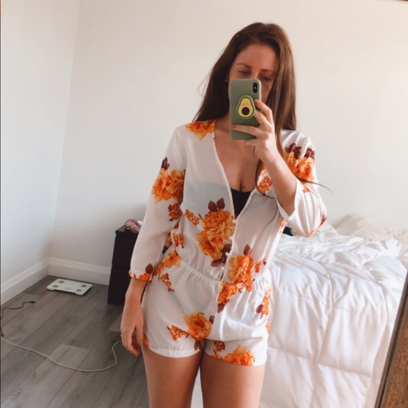 Pants - Sheer Floral Long Sleeve Short Romper